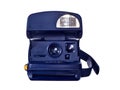 Classic blue instant camera with flash isolated on white Royalty Free Stock Photo