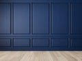 Classic blue interior blank wall with panels, moldings and wood floor.