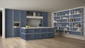 Classic blue kitchen in modern open space with parquet floor and big shelving system with decors, island and accessories, Royalty Free Stock Photo