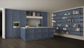 Classic blue kitchen in modern open space with parquet floor and big shelving system with decors, island and accessories, Royalty Free Stock Photo
