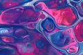 Neon pink and blue coalesce to form layered cells in this abstract acrylic painting for backgrounds.