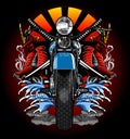 classic blue motorbike with waves and samurai background Royalty Free Stock Photo