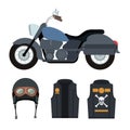 Classic blue motorcycle with jacket and helmet with symbol of skull and bones in white background