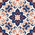 Classic Blue and Orange Floral Tile Pattern Royalty Free Stock Photo