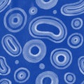 Classic blue playful watercolor seamless pattern with circles and rings. Raster hand painted background