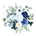 Classic blue rose, white hydrangea, ranunculus, anemone, thistle flowers, emerald greenery