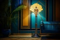 Classic blue sofa and vintage lamp illuminated in Art Deco style room. By generative Ai Royalty Free Stock Photo