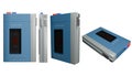 Classic blue vintage portable cassette player on transparent background. front view, side view, angled view. 3d render Royalty Free Stock Photo
