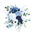 Classic blue and white hydrangea, ranunculus, anemone, thistle, magnolia flowers Royalty Free Stock Photo