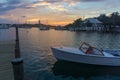 Hope town sunset over harbor and lighthouse Royalty Free Stock Photo