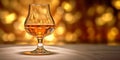 Classic brandy cognac glass on golden blurry background.Macro.AI Generative