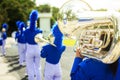 Classic Brass band plays the musical. Musician marching and holding instrument, trumpet, brass tuba and other Royalty Free Stock Photo