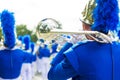 Classic Brass band plays the musical. Musician marching and holding instrument, trumpet, brass tuba and other Royalty Free Stock Photo