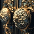 Classic brass door knob on wooden door, generative AI.