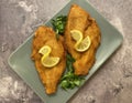 Classic breaded plaice fish fillets, coated in flour, egg, breadcrumbs and fried in oil to golden.