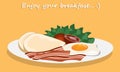 Classic breakfast cartoon of fried egg with bacon, toast, tomato and fresh vegetables in white plate on yellow background