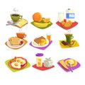 Classic breakfast ideas set. Cartoon illustration with coffee and toast with butter, fruits, milk and croissant, fried