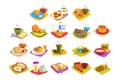 Classic breakfast ideas set. Cartoon illustration with coffee and toast with butter, fruits, milk and croissant, fried