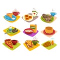 Classic breakfast ideas set. Cartoon illustration with pancakes and coffee, donuts, boiled egg, corn flakes, pie and tea
