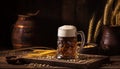 Classic Brew: Beer Mug with Foam on Wooden Table - Generative Ai Royalty Free Stock Photo