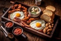 Classic British Breakfast on Dark Wooden Tray