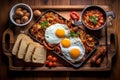 Classic British Breakfast on Dark Wooden Tray