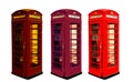 Classic British Color Phone Booths In London UK, Isolated On White