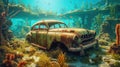 Classic American junk car underwater
