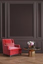 Classic brown chocolate, colorful, interior with red, coral armchair, coffee table, flowers and wall moldings.
