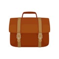 Brown leather briefcase with belts and small handle. Rectangular business bag for carrying documents. Flat vector icon