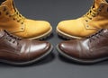 Classic brown leather men`s shoes and Yellow men`s work boots from natural nubuck on gray black background top view flat lay cop Royalty Free Stock Photo