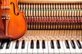 classic brown violin on the close up image of grand piano keys and interior background Royalty Free Stock Photo