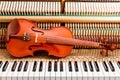 classic brown violin on the close up image of grand piano keys and interior background Royalty Free Stock Photo