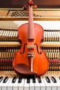 classic brown violin on the close up image of grand piano keys and interior background Royalty Free Stock Photo