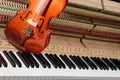 classic brown violin on the close up image of grand piano keys and interior background Royalty Free Stock Photo