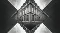 Classic building with symmetrical windows and reflection in water, captured in dramatic black and white with cloudy sky Royalty Free Stock Photo