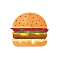 Classic burger with flying ingredients. Vector hamburger icon in cartoon style.