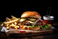 classic burger and french fries with ketchup, mayo, and pickles