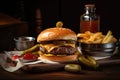 classic burger and french fries with ketchup, mayo, and pickles