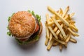 Classic burger and fries combo on white background, featuring sesame seed bun and golden fries