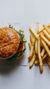 Classic burger and fries combo on white background, featuring sesame seed bun and golden fries