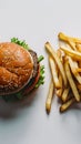 Classic burger and fries combo on white background, featuring sesame seed bun and golden fries