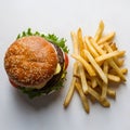 Classic burger and fries combo on white background, featuring sesame seed bun and golden fries