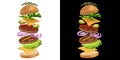 Classic Burger illustration with flying ingredient Royalty Free Stock Photo