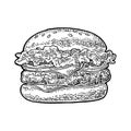 Classic burger include cutlet, tomato, cucumber, salad. Vector vintage engraving