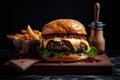 classic burger, with its juicy meat and cheesy interior, paired with golden french fries and ketchup