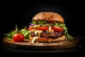 classic burger on wooden plate generated by ai