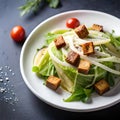 A classic Caesar salad with crisp romaine lettuce, Parmesan cheese, and crunchy croutons. Generative AI