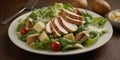 Classic caesar salad with grilled chicken fillet and parmesan