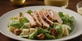 Classic caesar salad with grilled chicken fillet and parmesan